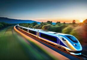 Foto av hög hastighet modern pendlare tåg, rörelse fläck ai genererad