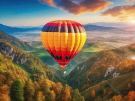 färgrik varm luft ballong flygande över berg ai genererad foto