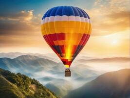 färgrik varm luft ballong flygande över berg ai genererad foto