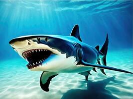 hav haj botten se från Nedan. öppen toothy farlig mun ai genererad foto