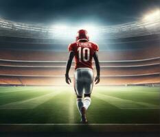 amerikan fotboll spelare bär i enhetlig på bakgrund stadion ai genererad foto