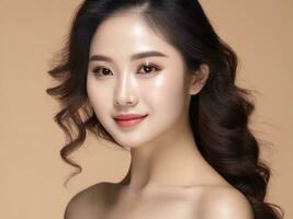 ung asiatisk skönhet kvinna med koreanska smink stil. perfekt hud på isolerat beige bakgrund. ai genererad foto