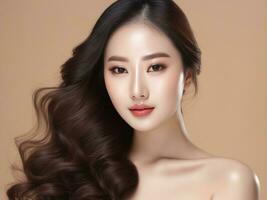 ung asiatisk skönhet kvinna med koreanska smink stil. perfekt hud på isolerat beige bakgrund. ai genererad foto
