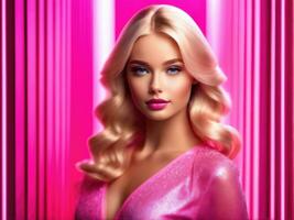 söt blond flicka, docka stil i mode rosa klänning, studio rosa bakgrund ai genererad foto