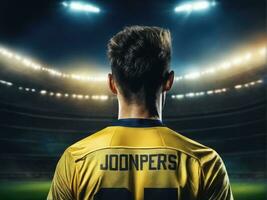 fotboll spelare bär i enhetlig på bakgrund lstadion ai genererad foto