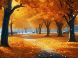 skön höst bakgrund landskap. matta av fallen orange höst löv. ai genererad foto