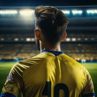 fotboll spelare bär i enhetlig på bakgrund lstadion ai genererad foto