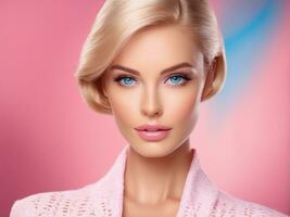 söt blond flicka, docka stil i mode rosa klänning, studio rosa bakgrund ai genererad foto
