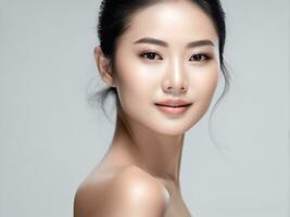 ung asiatisk skönhet kvinna med perfekt hud på isolerat vit bakgrund ai genererad foto