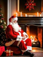 santa claus i en skön rum Nästa till de öppen spis och jul träd sitter med en säck av gåvor ai genererad foto
