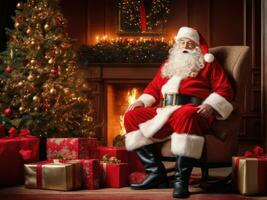 santa claus i en skön rum Nästa till de öppen spis och jul träd sitter med en säck av gåvor ai genererad foto