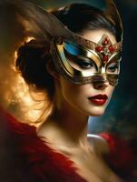 illustration av ett kvinna i mask i dramatisk ljus ai genererad foto