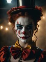 fotografi av ett ultra realistisk kvinna clown i dramatisk ljus dimma ai genererad foto