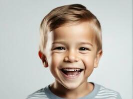 porträtt av ung upphetsad skrattande leende pojke barn unge på studio bakgrund ai genererad foto