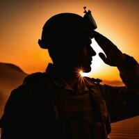 silhuett av en soldat hälsning under solnedgång ai genererad foto