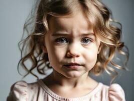 porträtt av ung ledsen stött rop flicka barn unge på studio bakgrund ai genererad foto