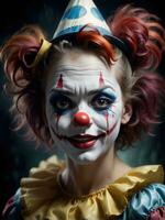 fotografi av ett ultra realistisk kvinna clown i dramatisk ljus ai genererad foto