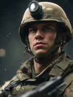 fotografi av ett ultra realistisk soldat i dramatisk ljus ai genererad foto