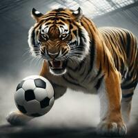 tiger med fotboll boll ai genererad bild foto