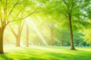 skön landskap parkera med träd och Sol. färgrik lövverk i de parkera. ai generativ proffs Foto