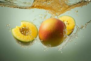 färsk saftig manggo med vatten stänk. ai generativ proffs Foto