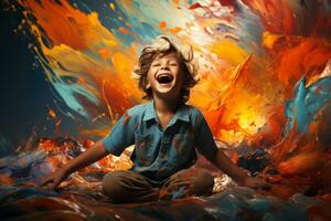 en modig barn målning hans slåss isolerat på en vibrerande lutning bakgrund foto