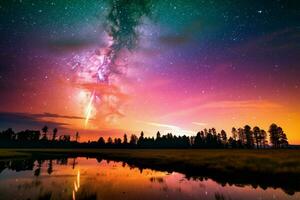 en färgrik himmel under en meteor dusch foto