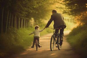 en pappa undervisning hans barn till rida en cykel foto