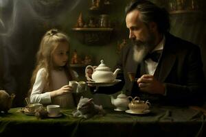 en far och dotter har en te fest foto
