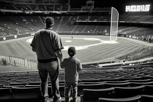en far tar hans barn till en baseboll spel foto