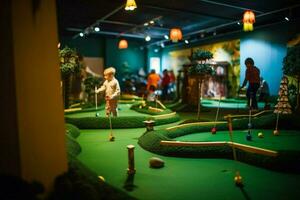 en grupp av barn njuter en spel av minigolf foto