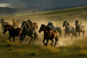 en grupp av vild hästar i en blåsigt fält foto