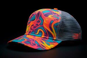 en neon trucker hatt med en graffiti mönster foto