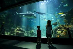 barn njuter en dag på de akvarium foto