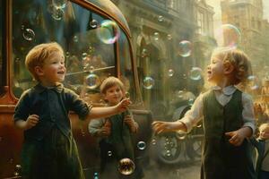 barn som leker med bubblor foto