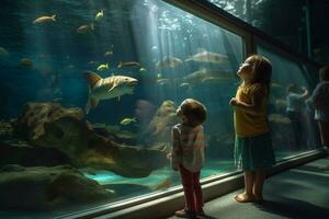 barn njuter en dag på de akvarium foto