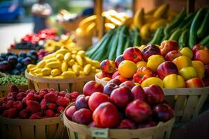 de vibrerande färger av färsk frukt och grönsaker på foto