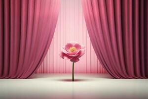 en 3d skede med en rosa ridå och en rosa blomma foto