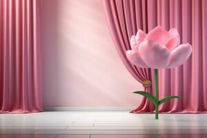 en 3d skede med en rosa ridå och en rosa blomma foto