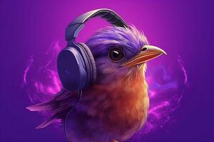 en fågel med hörlurar och en lila bakgrund foto