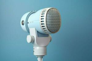 en blå mikrofon med en vit högtalare på topp av den foto