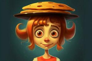 en tecknad serie karaktär med en panorera och pannkaka på henne h foto