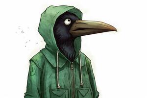 en tecknad serie bild av en fågel bär en grön jacka foto