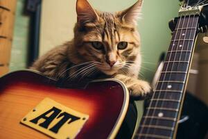 en katt med en gitarr på den den där säger de ord jazz foto