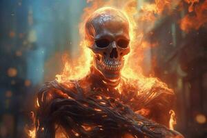 en karaktär i en brand med en skalle på hans bröst foto