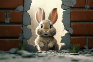 en söt kanin utseende från en bruten vägg i 3d foto