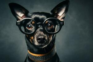 en hund med en svart glasögon på foto