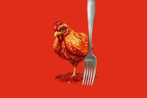en gaffel är innehav en kyckling med en röd sås på jag foto