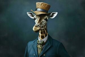 en giraff med en blå jacka och en blå hatt foto