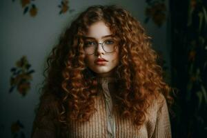 en flicka med lång lockigt hår och glasögon foto